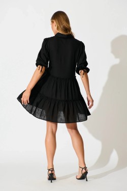 Layla Smock Dress in Black Linen Blend