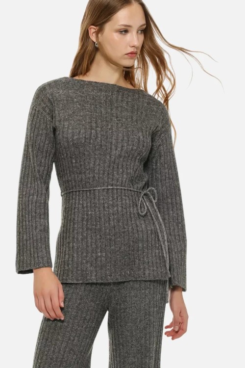 Long belted sweater