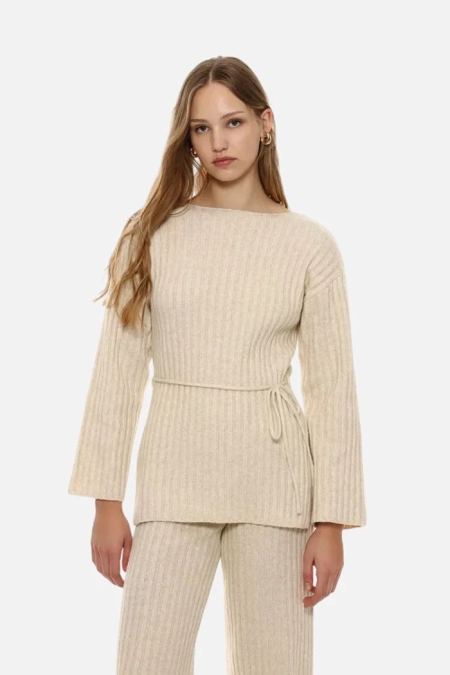 Long belted sweater